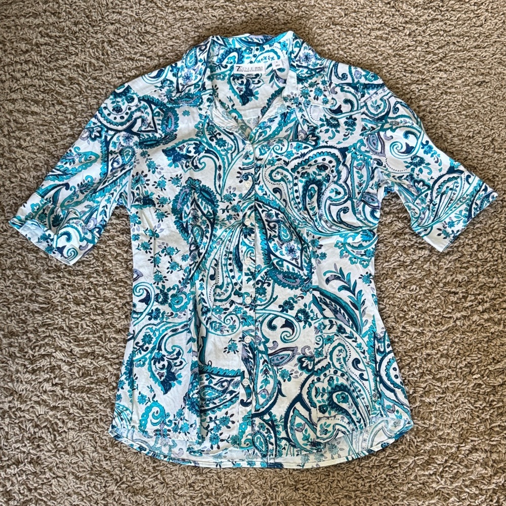 Women's Teal and White Paisley Button Down Shirt